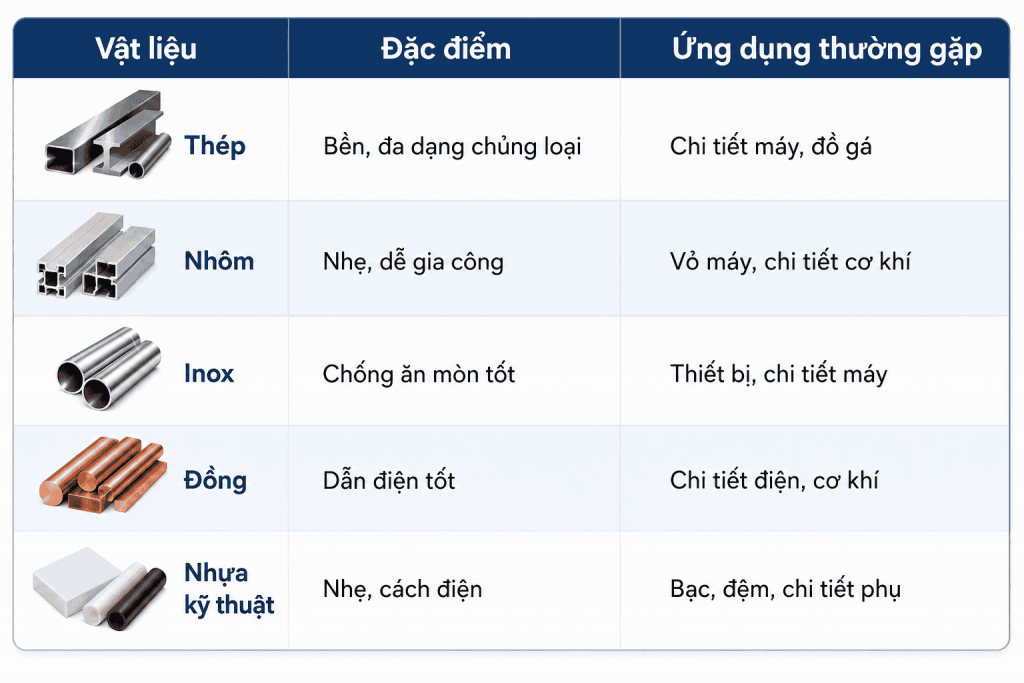 Vật liệu thường dùng để gia công chi tiết máy